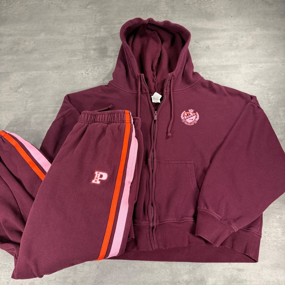 PINK Victoria's Secret Tracksuit Women XL/L Pink Burgundy Zip Hoodie Joggers Set